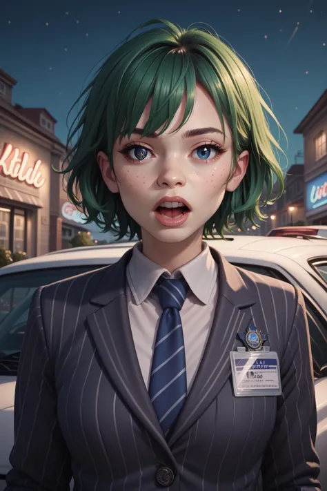 anime girl with green hair and a tie standing in front of a car