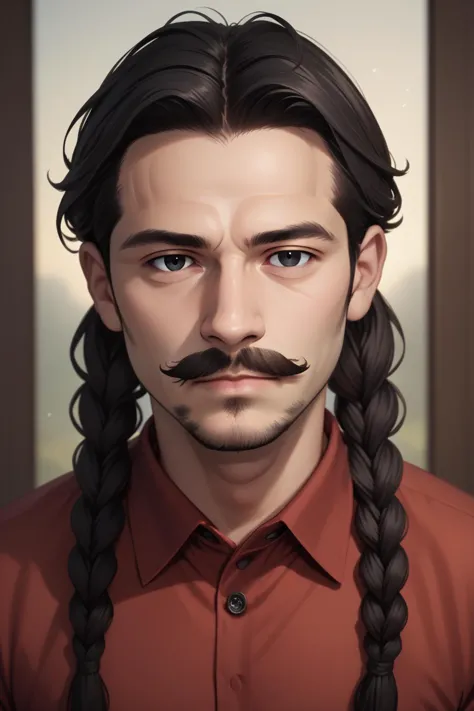 a man with long hair and a mustache in a red shirt