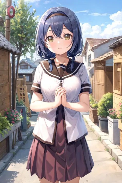 anime girl in a school uniform standing in a alley