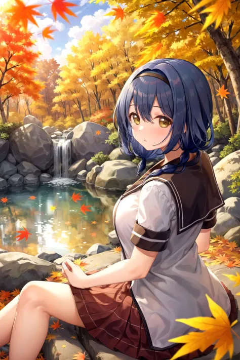 anime girl sitting on rocks by a stream in a forest