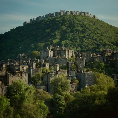 cinematic film still of  <lora:Ron Fricke style:1>
a very tall hill with a bunch of buildings on it,outdoors,sky,day,tree,blue s...