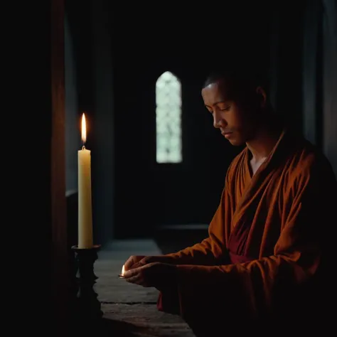 cinematic film still of  <lora:Ron Fricke style:1>
a monk lighting a candle in a dark room,solo,black hair,1boy,closed eyes,uppe...