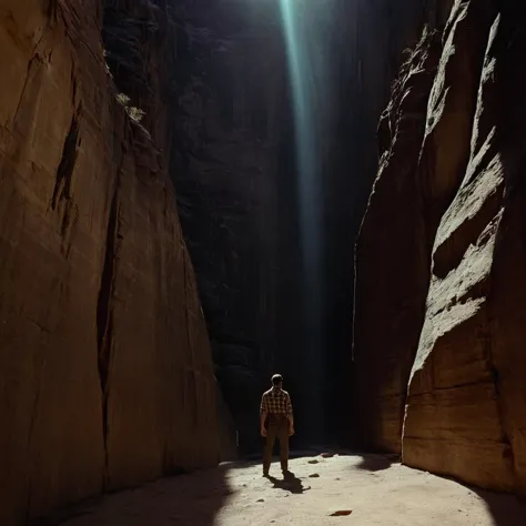 cinematic film still of  <lora:Ron Fricke style:1>
a narrow slot in a canyon with light coming through,solo,pants,plaid,shadow,l...