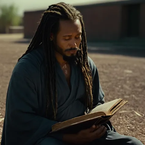 cinematic film still of  a man with dreads sentado on the ground reading a livro,Sozinho,cabelo longo,Cabelo preto,1 menino,sentado,very cabelo longo,olhos fechados,foco masculino,Pele escura,livro,pêlos faciais,barba,manto,open livro,bigode , realista, Realismo, filme ainda, grão de filme, filme kodak, contraste do filme, film color, cinematografia, documentário, fotografia, Filme de 70mm, Filme de 65mm, Todd-AO, Todd-AO 35, Resolução 8K, Estilo de diretor de cinema de Ron Fricke, Estilo de direção de filme de Ron Fricke, Estilo Ron Fricke, profundidade superficial de campo, vinheta, Altamente detalhado, alto orçamento, Bokeh, cinemascópio, temperamental, épico, maravilhoso, grão de filme, granulado