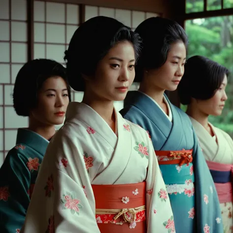 cinematic film still of  <lora:Ron Fricke style:1>
three diffrent women in kimono are standing in a line,looking at viewer,short...