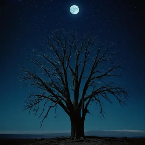 cinematic film still of  <lora:Ron Fricke style:1>
a tree with no leaves and a full moon in the background,outdoors,sky,tree,no ...