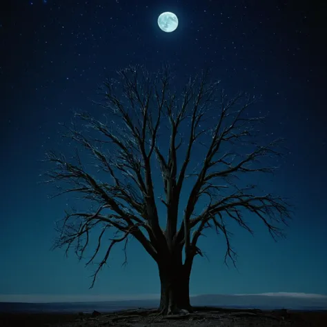 cinematic film still of  a дерево with no leaves and a full moon in the background,на открытом воздухе,небо,дерево,Нет людей,ночь,звезда (небо),ночь небо,пейзаж,звездаry небо,Синяя тема,ветвь,bare дерево , реалистичный, реализм, фильм еще, зернистость, пленка кодак, контраст фильма, цвет пленки, кинематография, документальный, фотография, пленка 70 мм, пленка 65 мм, Тодд-АО, Тодд-АО 35, разрешение 8к, Стиль режиссера Рона Фрике, Режиссерский стиль Рона Фрике, стиль Рона Фрике, малая глубина резкости, виньетка, очень подробный, высокий бюджет, боке, синескоп, капризный, эпический, Великолепный, зернистость, зернистый