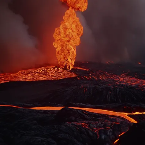 cinematic film still of  <lora:Ron Fricke style:1>
a lava flow is seen from a distance,no humans,fire,scenery,smoke,science fict...