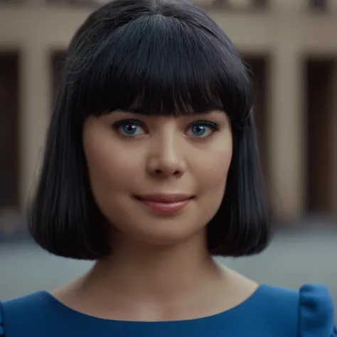 cinematic film still of  a woman with a black hair and a blue dress,1girl,solo,looking at viewer,smile,bangs,blue eyes,closed mouth,blue hair,blunt bangs,blurry,lips,eyelashes,portrait,realistic,nose , realistic, realism, movie still, film grain, kodak film, film contrast, film color, cinematography, documentary, photography, 70 mm film, 65 mm film, Todd-AO, Todd-AO 35, 8K resolution, Ron Fricke film director style, Ron Fricke film directing style, Ron Fricke style, shallow depth of field, vignette, highly detailed, high budget, bokeh, cinemascope, moody, epic, gorgeous, film grain, grainy