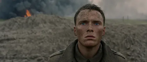 a close up of a man in a military uniform standing in front of a fire