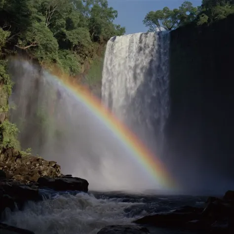 cinematic film still of  <lora:Ron Fricke style:1>
a rainbow is seen over a waterfall,outdoors,water,tree,no humans,nature,scene...
