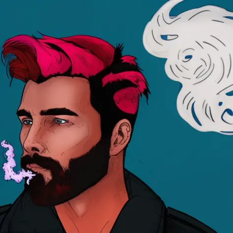 dskyart1, incredible masterpiece, a drawing of a man with pink hair and blue shirt on a dark background with smoke coming from t...