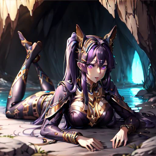 yuri, purple eyes, hair between eyes, hairclip,  Beautiful Art Style, 1girl, young woman, looking at viewer, sexy, cave, lying on stomach, cleopatra costume, WARFRAME,  