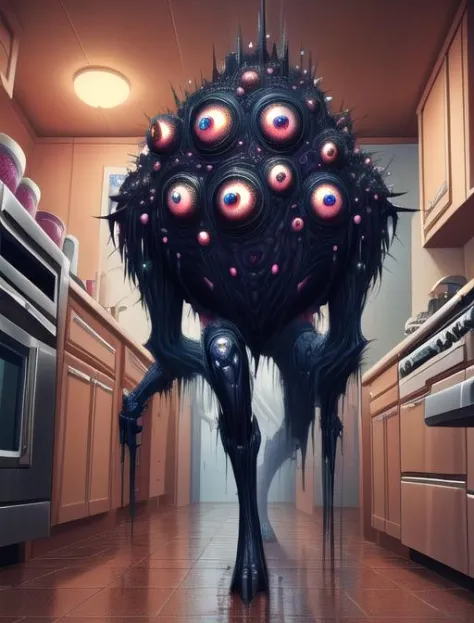 best quality, masterpiece, highres, detailed, digital artwork, <lora:Detail - add_detail:0.2>, AbstractMonster, glitch body, extra eyes, monster, horror \(theme\), <lora:Creature - AbstractMonster:0.9>, no human, kitchen