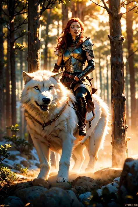white wolf, wolf riding, 1girl, long red hair, viking haircut, green eyes, freckles, <lora:BarbarianArmor:0.7> BarAr, leather, f...