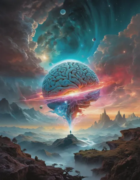 Un cerebro que absorbe todo el cosmos, paisaje cinematográfico, por Jacek Yurka, Kelly Freas, Filip Hodas, paul lehr, y mumford, Max Ernst, Roger Dean, Caspar David Friedrich, Barclay Shaw, Jeffrey Smith, y mcpharlin, Mejor, Puro, Ambiente, creativo, positivo, atractivo, detallado, brillante, magnífico estilo de fotografía cinematográfica, Grano claro, grano medio, grano pesado, bl4ckl1ghtxl 