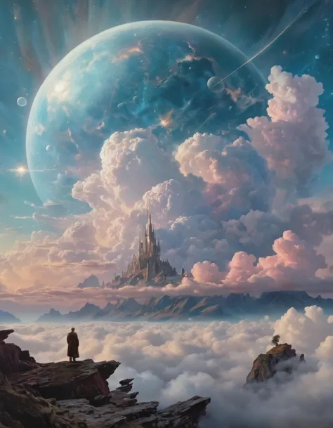 a man standing on a cliff looking at a castle in the sky