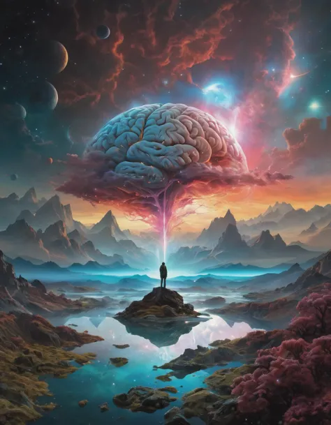 a man standing on a rock looking at a brain exploding out of the sky