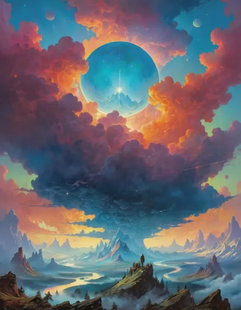 a painting of a mountain landscape with a large moon in the sky