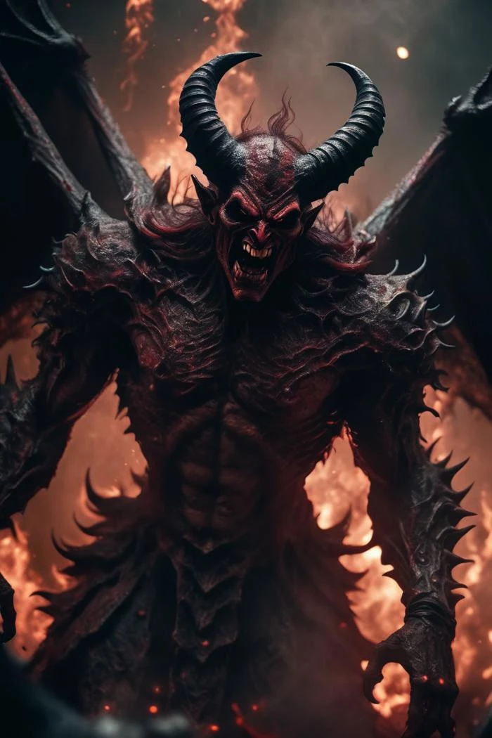 Horror-themed cinematic film still,a horrifying red-skinned male demon king, (full body portrait:1.3), (detailed monstrous evil face:1.4), screaming, wide spread bat like wings, (detailed scaly skin texture:1.2), long curved horns, (in hell, swirling tormented souls, billowing smoke:1.5), black spiky armor,, shallow depth of field, vignette, highly detailed, high budget, bokeh, cinemascope, moody, epic, gorgeous, film grain, grainy . Eerie, unsettling, dark, spooky, suspenseful, grim, highly detailed