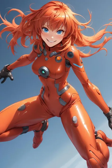 (Asuka:1.3), (red plugsuit:1.2), (looking at viewer:1.1), (happy smile:1.1), (blue eyes:1.1), long (orange hair:1.2) with side u...