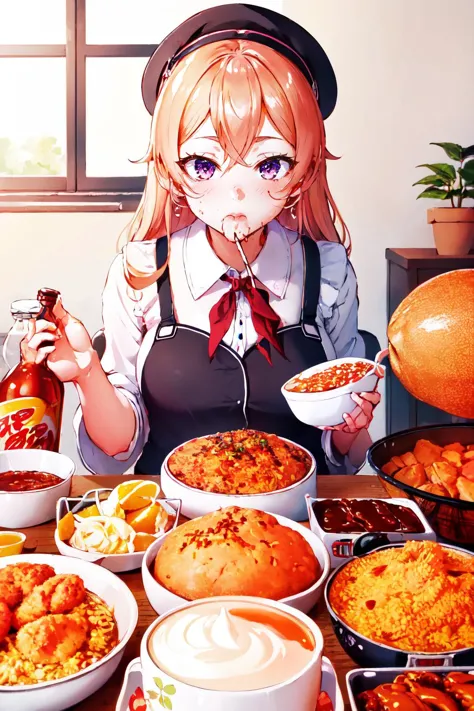 anime girl eating a meal at a table with a variety of food