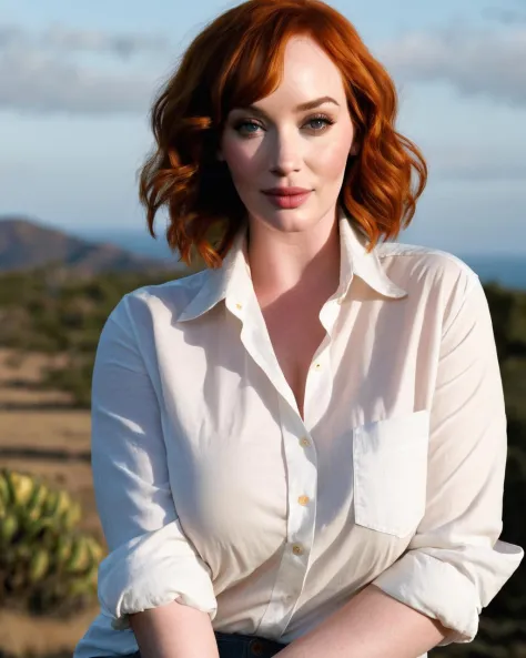 christina_hendricks,((wearing a oversized white shirt that reads "Melons")), outdoor, denim, oversized t-shirt, ((perfect eyes, detailed eyes,realistic eyes)), ((sharp face, detailed face, realistic face, naturtal skin, realistic skin, detailed skin, pores))