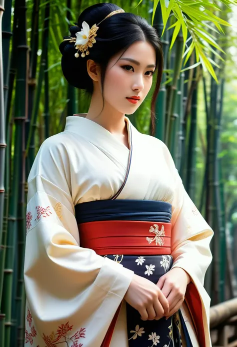 score_9, score_8_up, score_7_up,  1girl (medium full shot) of (captivating young woman:1.1) japanese geisha, black hair, straight hair,  brown eyes, slender,             (wearing a stunning susohiki kimono with trailing hem and dramatic sleeves, adorned with motifs of nature and poetry), elaborate black kuroko eyeliner, silk obidome brooch with gemstones and pearls, fastened to the obi sash as a decorative accent, happy, heart hands, set in Edo era, in a  Bamboo Grove, Tranquil forest of towering bamboo stalks, dappled sunlight filtering through the dense canopy, rustle of leaves in the breeze, stone lanterns illuminating winding pathways , at sunset ,Masterpiece,best quality, photorealistic, amazing quality, very aesthetic, extremely detailed face,