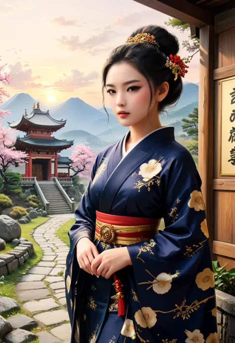 score_9, score_8_up, score_7_up,  1girl (medium full shot) of (mesmerizing young woman:1.1) korean geisha, black hair, hairbun, dark brown eyes, curvy,             (wearing a stunning uchikake kimono with lavish brocade and gold thread, embellished with auspicious motifs and seasonal themes), elaborate black kuroko eyeliner, silk obidome brooch with gemstones and pearls, fastened to the obi sash as a decorative accent, scared, vulcan salute, set in Edo era, in a  Shrine, Stone pathway leading to a torii gate, wooden offering box, bell tower with a large bronze bell, stone lanterns lining the path , at sunset ,Masterpiece,best quality, painting style, psychedelic, amazing quality, very aesthetic, extremely detailed face,