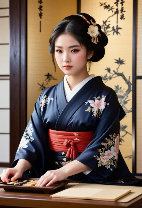 score_9, score_8_up, score_7_up,  1girl (medium full shot) of (poised young woman:1.1) japanese geisha, black hair, hime haircut...