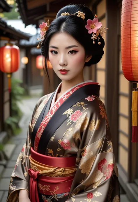 ((fashion photography)), perfect face, perfect eyes, (medium full shot) of  (graceful geisha) korean young woman, slender, black...