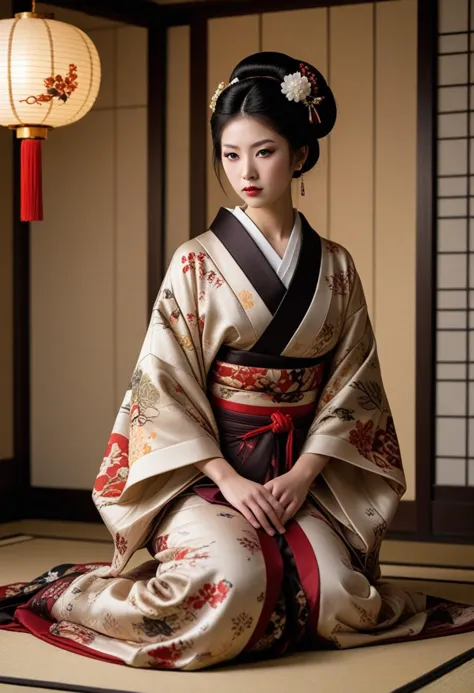 ((fashion photography)), perfect face, perfect eyes, (medium full shot) of  (elegant geisha) japanese young woman, busty, black ...