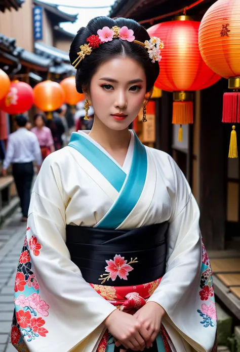 score_9, score_8_up, score_7_up,  1girl (medium full shot) of (alluring young woman:1.1) chinese geisha, black hair, hairbun, dark brown eyes, petite,             (wearing a stunning maiko furisode kimono with long flowing sleeves, decorated with auspicious symbols and auspicious colors), elaborate black kuroko eyeliner, silk obi sash with intricate embroidery and tassel fringe, wrapped around the waist and tied in a decorative knot, angry, jumping, set in Edo era, in a  Market Alleyway, Narrow passage between stalls filled with colorful fabrics and produce, wooden crates serving as makeshift tables, lanterns hanging overhead, vendors  ,Masterpiece,best quality, photorealistic, amazing quality, very aesthetic, extremely detailed face,