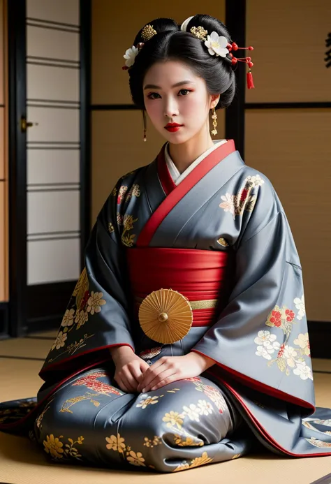 score_9, score_8_up, score_7_up,  1girl (medium full shot) of (refined young woman:1.1) korean geisha, black hair, hairbun, dark...