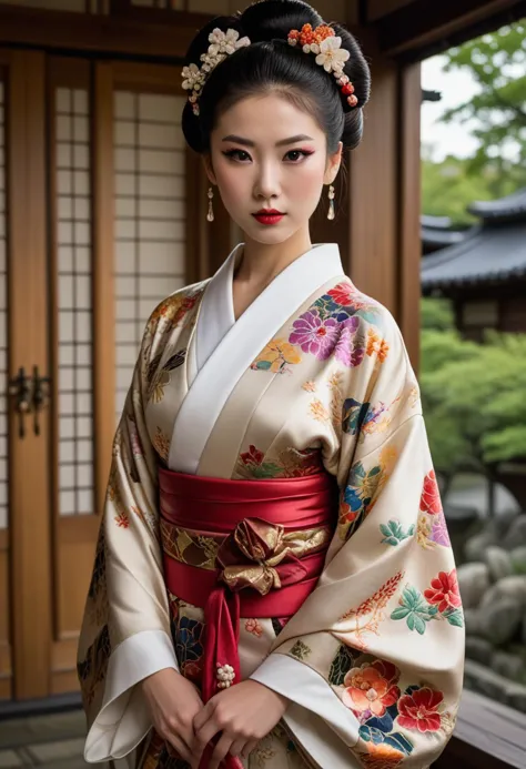 ((fashion photography)), perfect face, perfect eyes, (medium full shot) of  (enchanting geisha) korean young woman, busty, black hair, hairbun,  brown eyes, (wearing a stunning silk kimono with intricate patterns and vibrant colors, adorned with embroidered motifs and floral designs, draped elegantly over the shoulders and tied with an obi sash), elaborate white oshiroi foundation on face and neck, smooth and porcelain-like complexion makeup, silk obidome brooch with gemstones and pearls, fastened to the obi sash as a decorative accent, set in Edo era, in a  Tea House Exterior, Low wooden building with sliding paper doors, small bamboo garden, wooden benches for patrons, hanging scroll displaying calligraphy  , at night, laughing, jumping in the air, masterpiece, best quality, photorealistic, very aesthetic