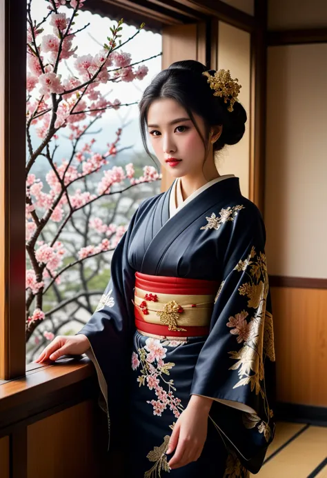 score_9, score_8_up, score_7_up,  1girl (medium full shot) of (elegant young woman:1.1) japanese geisha, black hair, hairbun, da...