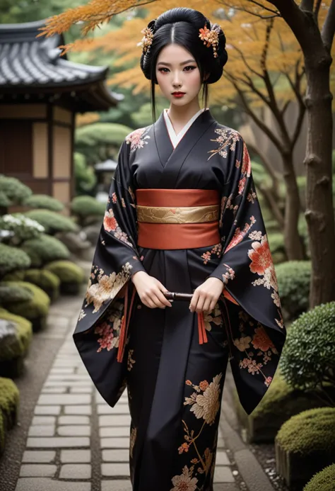 ((fashion photography)), perfect face, perfect eyes, (medium full shot) of  (alluring geisha) chinese young woman, willowy, blac...