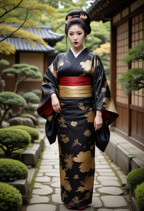 ((fashion photography)), perfect face, perfect eyes, (medium full shot) of  (demure geisha) korean young woman, full-figured, black hair, hairbun,  brown eyes, (wearing a stunning uchikake kimono with lavish brocade and gold thread, embellished with auspicious motifs and seasonal themes), elaborate black kuroko eyeliner, lacquer kago basket with bamboo and rattan carried on her arm, set in Edo era, in a  Samurai Residence Garden, Manicured garden with carefully trimmed bushes and bonsai trees, stone pathways, wooden benches, small pond with koi fish , at night, surprised, open mouth, running toward the viewer, masterpiece, best quality, photorealistic, very aesthetic