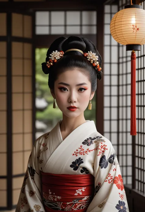 ((fashion photography)), perfect face, perfect eyes, (medium full shot) of  (enchanting geisha) chinese young woman, medium, bla...