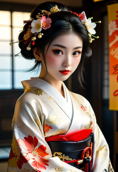 (medium full shot) of (poised young woman:1.1) japanese geisha, black hair, straight hair,  brown eyes, petite,             (wearing a stunning kurotomesode kimono with black silk and bold designs, adorned with auspicious symbols and motifs), elaborate red beni lipstick, ornate kanzashi hairpins with lacquer and precious metals, adorned with seasonal flowers and symbolic motifs, smiling at the viewer, set in Edo era, in a  __cf-geisha/location/tavern__ , at sunset, ,Masterpiece,best quality, photorealistic, amazing quality, very aesthetic, extremely detailed face,