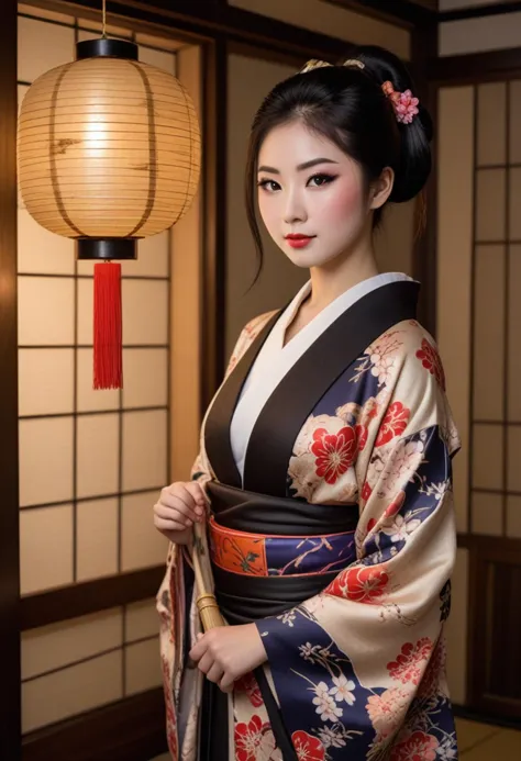 ((fashion photography)), perfect face, perfect eyes, (medium full shot) of  (elegant geisha) chinese young woman, voluptuous, bl...