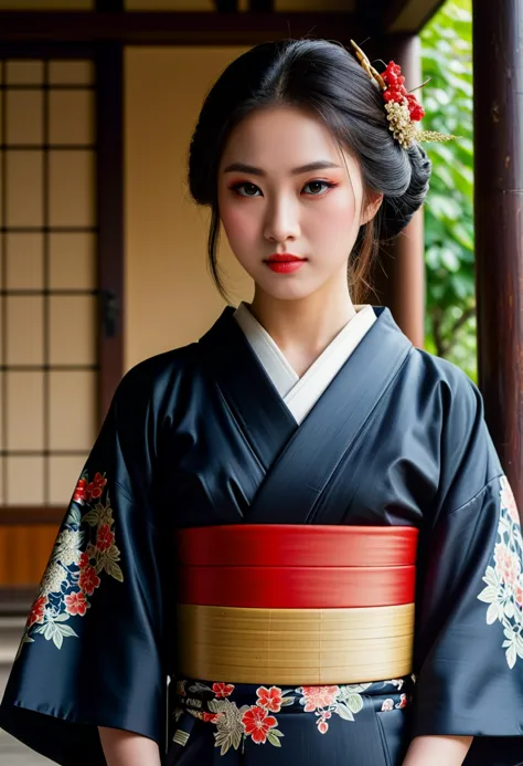 score_9, score_8_up, score_7_up,  1girl (medium full shot) of (graceful young woman:1.1) korean geisha, black hair, straight hair,  brown eyes, curvy,             (wearing a stunning mofuku kimono with somber black silk and restrained elegance, adorned with discreet patterns and motifs), elaborate red and black kumadori makeup with bold lines and vibrant colors applied to the eyes and cheeks, lacquer kago basket with bamboo and rattan carried on her arm, scared, have to pee, set in Edo era, in a  Village Inn Courtyard, Cobblestone courtyard with a well in the center, wooden tables and chairs for dining, lanterns hanging from beams, potted plants lining the edges , at night ,Masterpiece,best quality, photorealistic, amazing quality, very aesthetic, extremely detailed face,