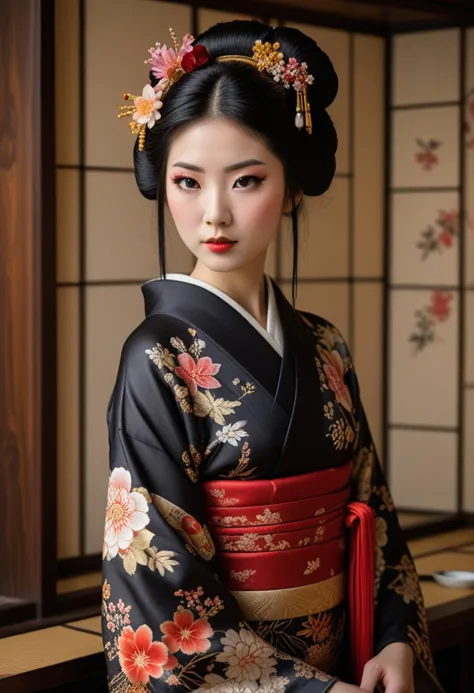 ((fashion photography)), perfect face, perfect eyes, (medium full shot) of  (alluring geisha) chinese young woman, slim, black hair, hime haircut, dark brown eyes, (wearing a stunning silk kimono with intricate patterns and vibrant colors, adorned with embroidered motifs and floral designs, draped elegantly over the shoulders and tied with an obi sash), elaborate gold and silver hikimayu eyebrow makeup with metallic pigments and glue, ornate kanzashi hairpins with lacquer and precious metals, adorned with seasonal flowers and symbolic motifs, set in Edo era, in a  Tea Room, Intimate setting with a low wooden table, traditional tea utensils neatly arranged, hanging scroll depicting nature scenes, tatami flooring, matcha tea  , at night, laughing, jumping in the air, masterpiece, best quality, photorealistic, very aesthetic