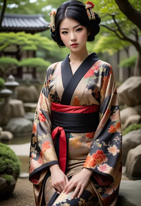 ((fashion photography)), perfect face, perfect eyes, (medium full shot) of  (elegant geisha) korean young woman, tiny, black hair, hime haircut,  brown eyes, (wearing a stunning silk kimono with intricate patterns and vibrant colors, adorned with embroidered motifs and floral designs, draped elegantly over the shoulders and tied with an obi sash), elaborate black kuroko eyeliner, silk tabi socks with split-toe design and decorative embroidery, zori sandals and geta clogs, set in Edo era, in a  Zen Garden, Serene space with raked gravel arranged in intricate patterns, meticulously pruned bonsai trees, stone lanterns, wooden benches for meditation, tranquil pond with koi fish , surprised, open mouth, pointing her finger at the viewer, masterpiece, best quality, photorealistic, very aesthetic