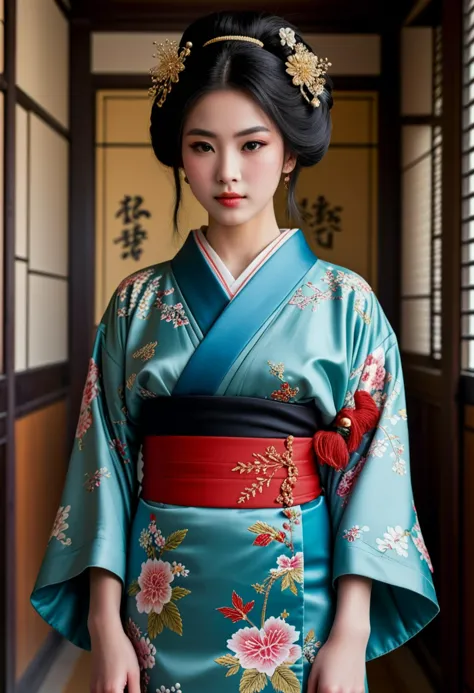 score_9, score_8_up, score_7_up,  1girl (medium full shot) of (enchanting young woman:1.1) japanese geisha, black hair, hairbun,...