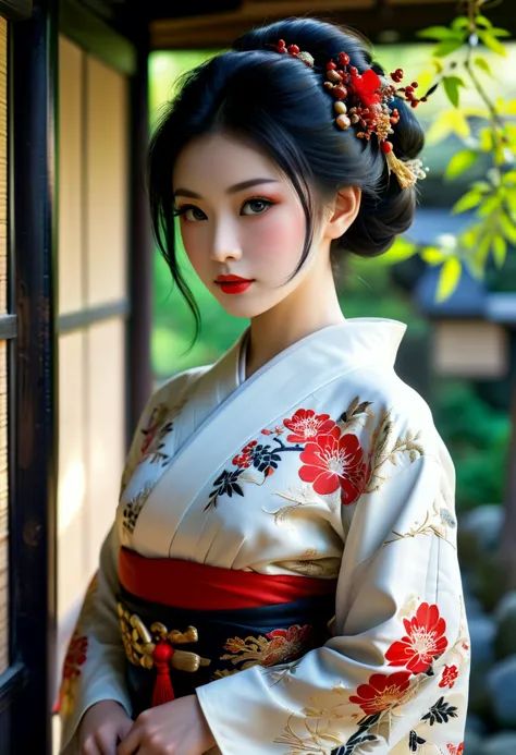 (medium full shot) of (elegant young woman:1.1) japanese geisha, black hair, hime haircut, dark brown eyes, petite,             (wearing a stunning hikizuri kimono with trailing hem and elaborate embroidery, adorned with motifs of nature and folklore), elaborate red beni lipstick, lacquer kago basket with bamboo and rattan carried on her shoulder, smiling at the viewer, set in Edo era, in a  __cf-geisha/location/tavern__ , at sunset, ,Masterpiece,best quality, photorealistic, amazing quality, very aesthetic, extremely detailed face,