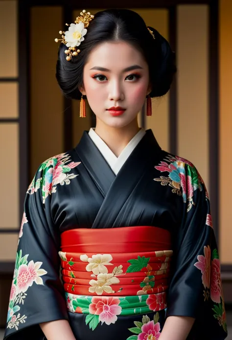 score_9, score_8_up, score_7_up,  1girl (medium full shot) of (serene young woman:1.1) japanese geisha, black hair, hime haircut...