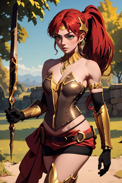 (masterpiece, best quality), 1girl,  <lora:PyrrhaNikos:1> PyrrhaNikos, green eyes, red hair, ponytail, long hair, sidelocks, headband, collar, gold jewels, armor, brown corset, skirt, (black arm band:1.2), glove, belt with red clothe, leg sheaths, boots