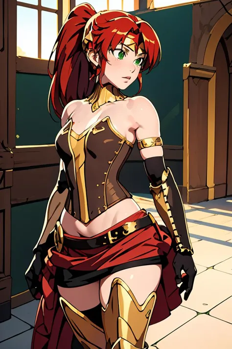 (masterpiece, best quality), 1girl,  PyrrhaNikos, green eyes, red hair, ponytail, long hair, sidelocks, headband, collar, gold jewels, armor, brown corset, skirt, (black arm band:1.2), glove, belt with red clothe, leg sheaths, boots