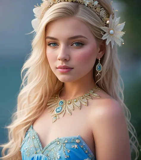 a photography, HD,, photo, woman, beautiful dress ornate, mdjrny-v5, style portrait of a gorgeous blond female in the style of stefan kostic, realistic, half body shot, sharp focus, 8 k high definition, insanely detailed, intricate, elegant, art by stanley lau and artgerm, extreme blur flames background, Princess girl with wing, Blue, Pastel, glitter, dramatic, dreamy, pastel, Watercolor, Whimsical, Delicate, seashell crown, Trending on Artstation, Highly detailed, Intricate, Portrait, digital painting, Fantasy theme, Fantasy robes, Fantasy concept art, Fantasy character art, Smug, Teenage girl, perfect body, full body, dreamy, pastel, Watercolor, Whimsical, Delicate, seashell crown masterpiece, 8k, perfect lighting, , adult, female, cowboy shot, looking at viewer, cinematic lighting, Fawn